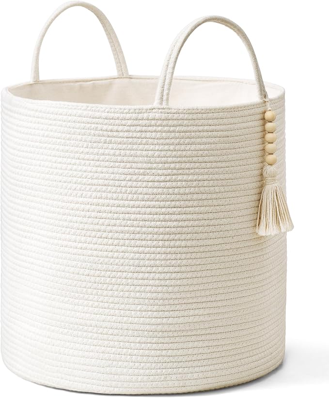 Mkono Woven Storage Basket for Blanket, Toys Plant Organizer, 15"W x 17.7"L | White, Cotton, Decorative Basket with Handle, Wood Beads Tassel, Shoes Towel Clothes Storage Bin, Living Room Bedroom Nursery