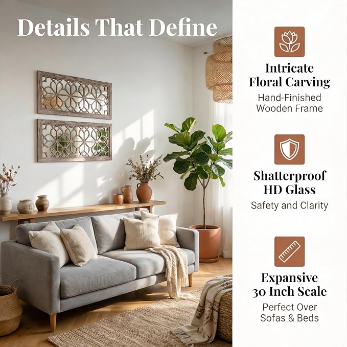 Set of 2 13x30 Inch Large Brown Shatterproof Carved Floral Wood Frame Wall Mirrors, Boho Farmhouse Rustic Accent Mirrors for Living Room Bedroom Bathroom & Home Decor