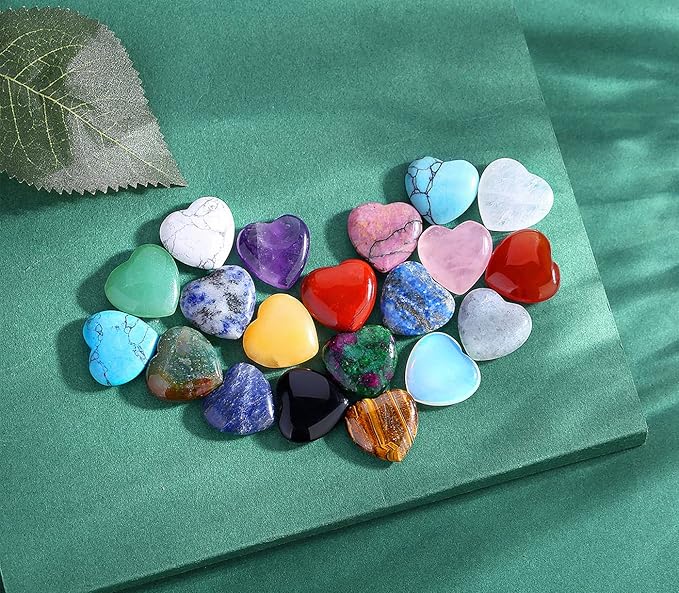 20PCS Crystals and Healing Gemstones Gem Stones Heart Crystal QINJIEJIE Natural Rose Quartz Pocket Amethyst Hearts Palm Stone Polished Crystal Set Bulk Chakra Reiki Good Luck Gifts for Women 0.8"
