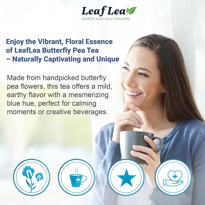 LeafLea Butterfly Pea Tea Bags, 100% Butterfly Pea Flowers, 80 Count | Natural Herbal Tea For Blue And Purple Drinks, Mocktails, Food Coloring, Caffeine-Free, Sugar-Free, Non-GMO, Pack Of 2