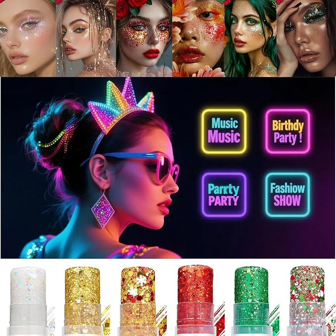 Green Hair Glitter Stick, Perfect Sparkling Theme Day Neon Outfit Singer Concert Music Rave Festival Party Accessories Face and Body Glitter Makeup.