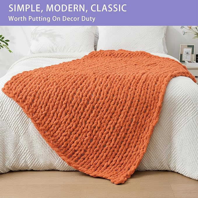 Bigacogo Chunky Knit Throw Blanket for Couch, 40x60 inches, Terracotta | Hand Knit with Jumbo Chenille, Soft Breathable Cable Knit for Sofa Bed Living Room, Machine Washable, Gift for Mom Friend