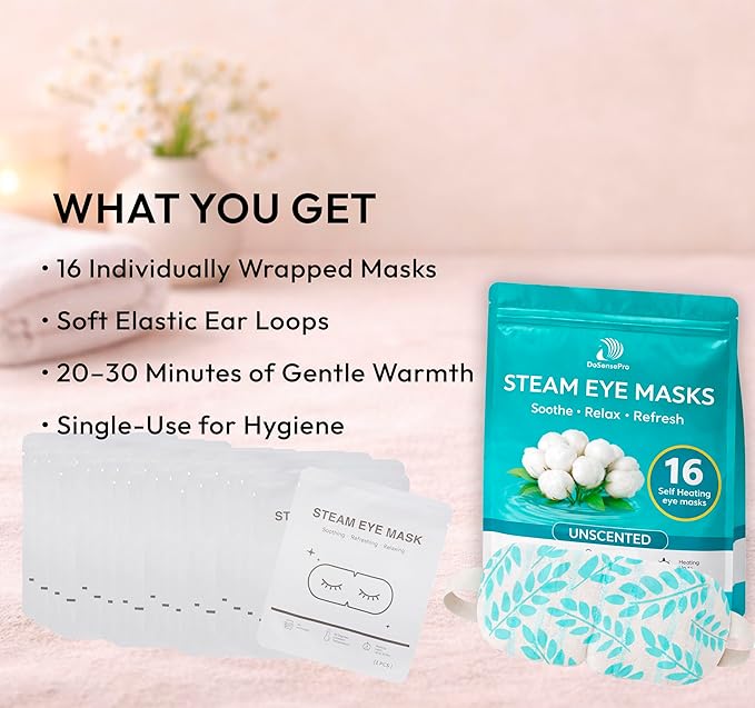 Steam Eye Mask - 16 Pack Self-Heating Warm Compress for Dry Eyes, Puffy Eyes Relief, Cornea Care, and Relaxation - Soothing & Comfortable Heated Eye Pads - Unscented