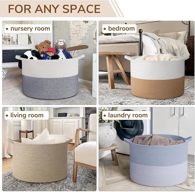 INDRESSME 115L Extra Large Woven Rope Blanket Basket Living Room | 23.6" x 15.7" Storage baskets for toys laundry & pillows. Fits living room, bedroom or nursery décor. Soft-touch with handles