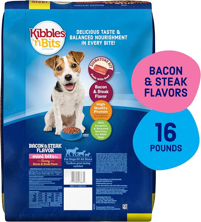 Kibbles 'n Bits Mini Bits Small Breed Dry Dog Food, 16 lb. Bag | Complete & Balanced Nutrition Formulated For Small Adult Dogs Crafted With Easy-To-Chew Bites Of Savory Bacon & Steak Flavors
