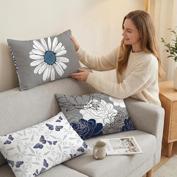 COMMINY Blue Grey Lumbar Pillow Covers 12x20 Set 6 Linen Throw Cover | Daisy Dhalia Pattern, Lumbar Pillow Size, Breathable Linen, hidden zipper, Bed Bench Office Chair, modern farmhouse decor