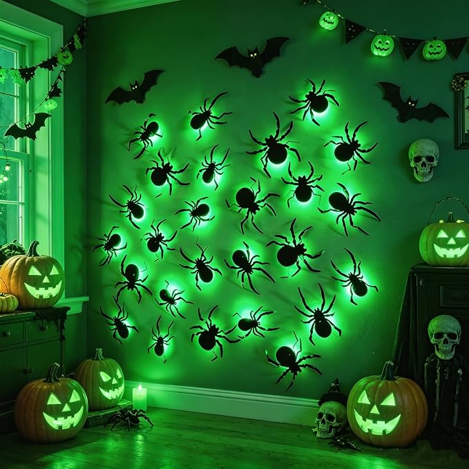 DR.DUDU 36 Pack Halloween Wall Decor Light up Spiders, Green | 3D Spider Stickers, Removable Wall Decals, Assorted Sizes, PVC, Window Decorations, For Indoor Outdoor Bathroom Home Party