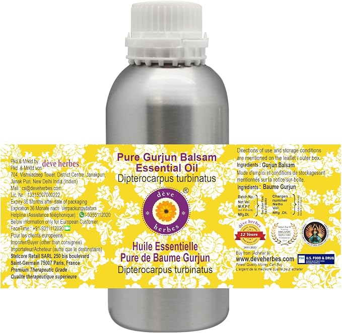 Deve Herbes Pure Gurjun Balsam Essential Oil (Dipterocarpus turbinatus) Steam Distilled 630ml (21 oz)