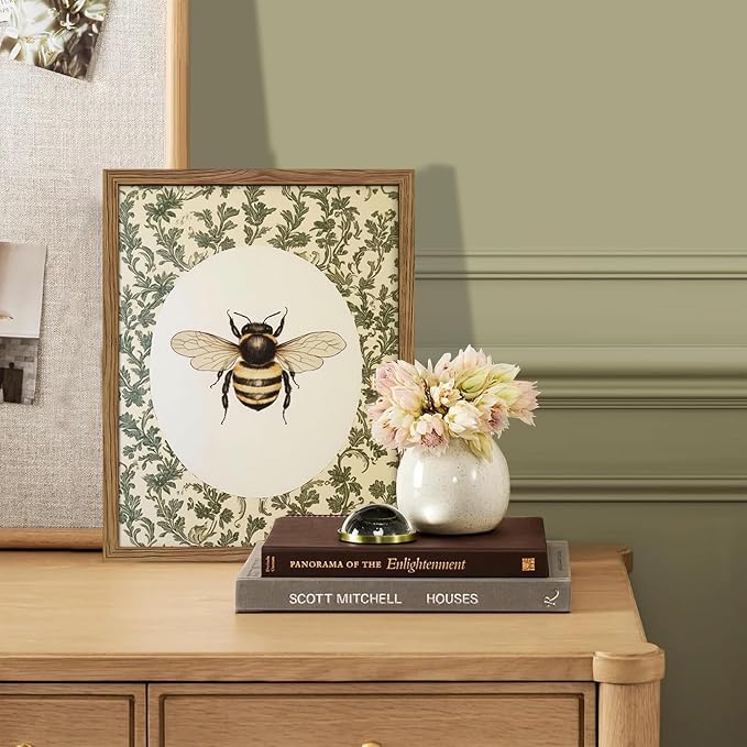 Framed Vintage Bee Wall Art, Cottagecore Floral Botanical Decor, Rustic Garden Insect Pictures Poster, Oval Bumblebee Canvas Print Wall Decor for Bedroom Living Room 8x10 inch