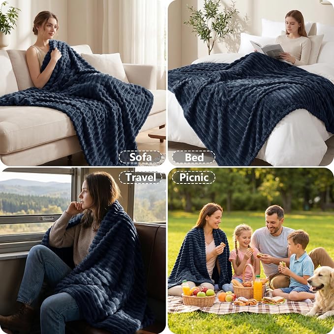 Navy Blue Twin Blanket for Bed & Couch, 60 x 80 Inch | 300GSM Ribbed Fleece Blanket, Soft, Cozy & Lightweight, OEKO-TEX Certified, All-Season Use for Travel, Dorm & Home Decor