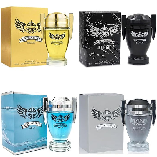 A CENTER Men's Cologne Gift Set 4 Pack Invincible Series - 3.4 Fl Oz Each | Vanilla Bourbon, Leather & Amber Floral Fragrance | Luxury Eau de Toilette Quartet