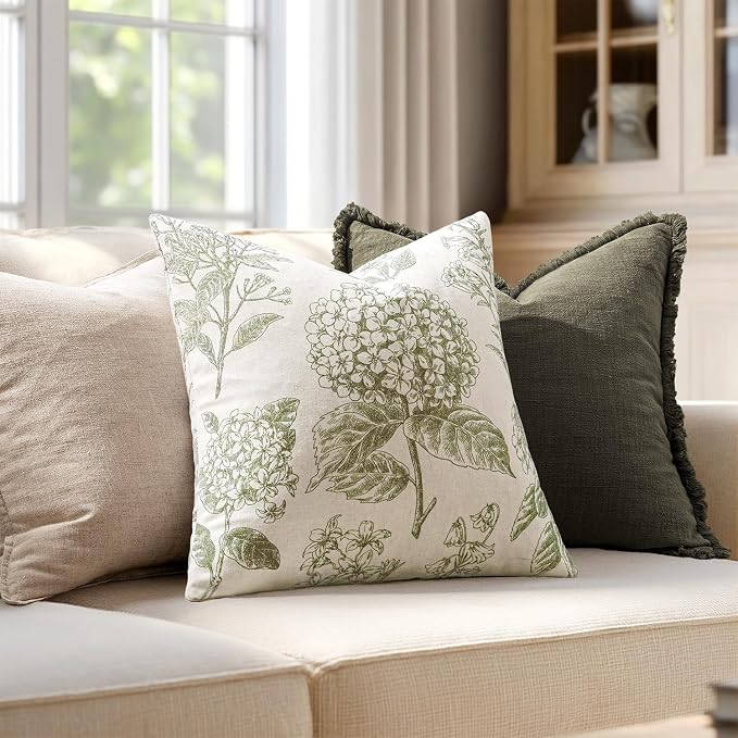 Set of 2 Decorative Floral Pillow Covers 16x16 Inch Light Green | Neutral Hydrangea Print, Boho Vintage Throw Cushion Covers, Cottagecore Home Decor, for Sofa Couch Porch Bedroom Living Room