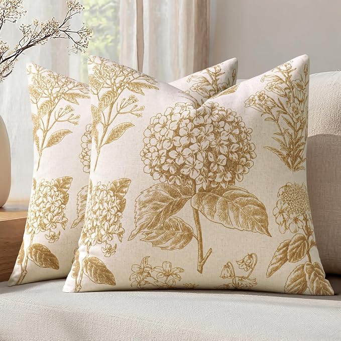 Set of 2 Decorative Floral Pillow Covers 18x18 Inch Light Yellow | Neutral Hydrangea Print, Boho Vintage Throw Cushion Covers, Cottagecore Home Decor, for Sofa Couch Porch Bedroom Living Room