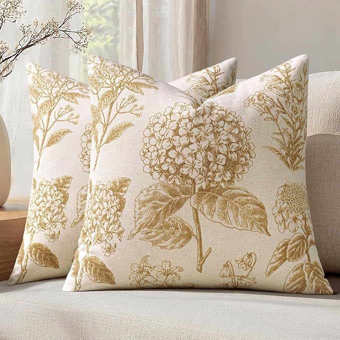 Set of 2 Decorative Floral Pillow Covers 22x22 Inch Light Yellow | Neutral Hydrangea Print, Boho Vintage Throw Cushion Covers, Cottagecore Home Decor, for Sofa Couch Porch Bedroom Living Room