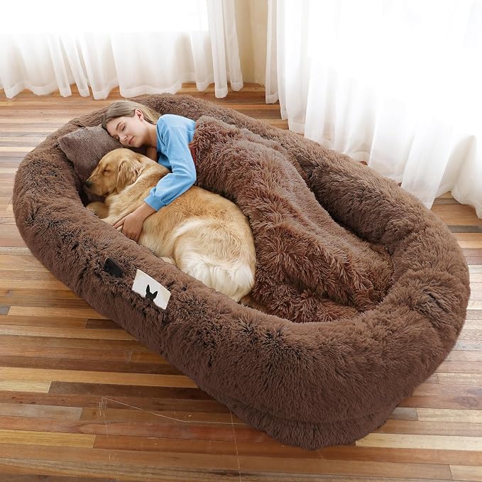WROS Human Dog Bed, 71"x45"x12" Size Fits You and Pets, Washable Faux Fur Pet Bed for People Doze Off, Napping Orthopedic Dog Bed, Present Plump Pillow, Blanket, Strap - Coffee
