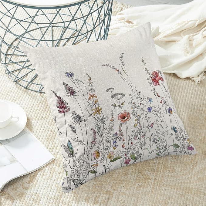 AEIOAE Spring Pillow Covers 18x18 Inch Set of 2, Black Wild Flower Throw Pillows Case,Colorful Seasonal Floral Plant Outdoor Decorative Farmhouse Decor Cushion Covers for Home Sofa Bed Couch