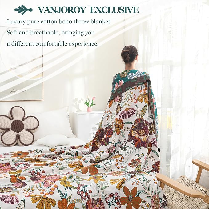 VANJOROY Queen Boho Throw Blanket for Bed, 100% Cotton Muslin Soft Throw-Floral Farmhouse Rustic Decor Blanket for Couch Sofa Quilt and Gift, 80" x 90"-BeigeWhite
