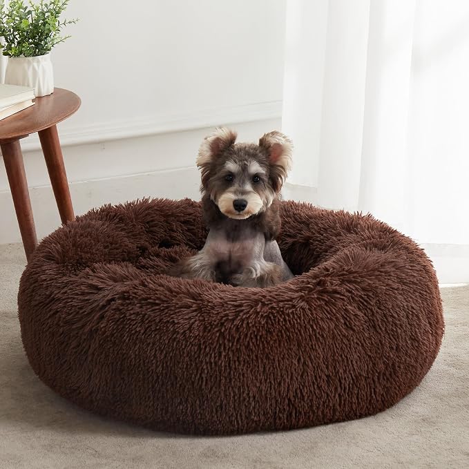 Calming Dog Bed & Cat Bed, Anti-Anxiety Donut Dog Cuddler Bed, Warming Cozy Soft Dog Round Bed, Fluffy Faux Fur Plush Dog Cat Cushion Bed for Small Medium Dogs and Cats | Fluffy Faux Fur Round Cuddler,Anti-Anxiety,Anti-Slip Bottom,Plush Pet Dog Beds fo...