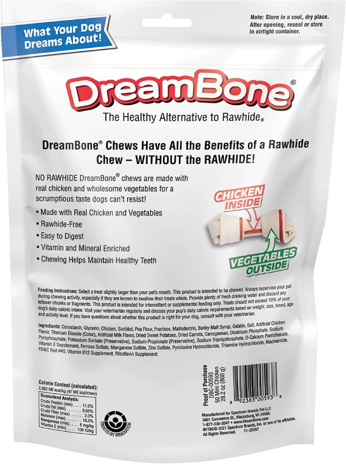 DreamBone Mini Bone Rawhide-Free Dog Treats With Real Protein, 50 Count | Daily Chew, Digests Safely and Completely, Made With Real Chicken and Veggies, For Adult Dogs