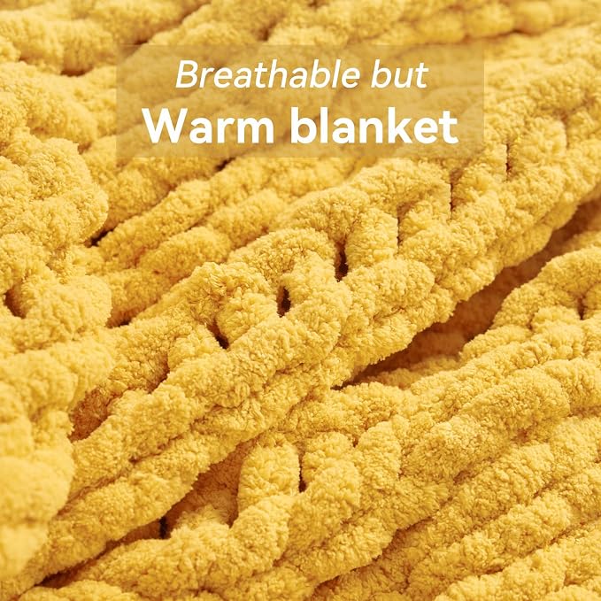 Negwoo Chunky Knit Throw Blanket, Knitted Throw Chenille Yarn, 50"*60" | Soft Thick Cable Knitted Blankets, Handmade Big Thick Blanket, Machine Washable Cute Comfy Blanket for Home Decor, Yellow