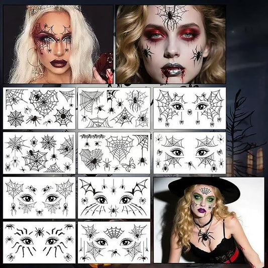 10 Sheets Halloween Temporary Tattoos Spider Eye Fake Tattoos Spider Web Styles Mixed Halloween Tattoo Realistic Black Stickers Waterproof Cobweb Tattoos for Kids Boys Girls Body Art Makeup