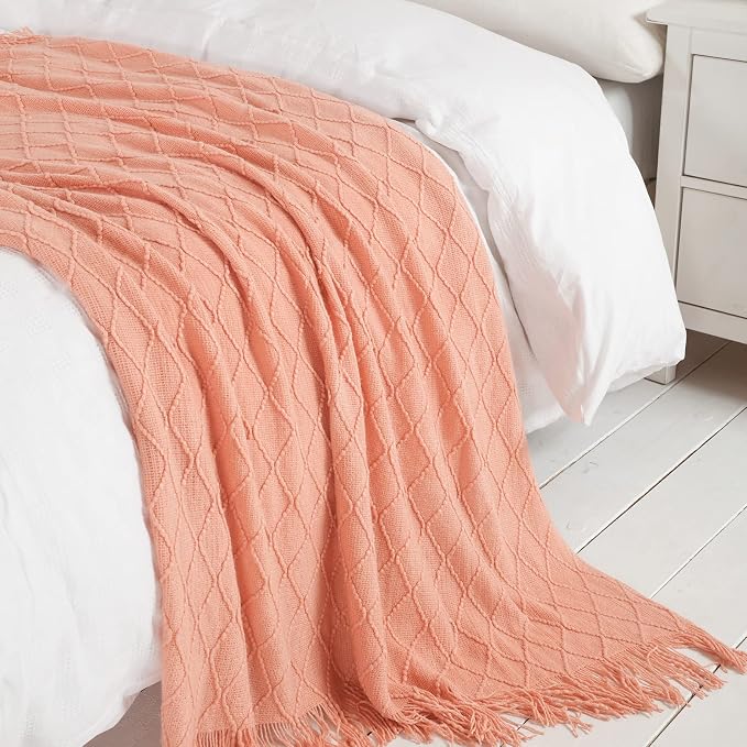 BOURINA Orange Throw Blanket 50x60Inch Boho Knitted Soft Throw Sofa Blanket | Knitted Throw Blanket 50x60 Inches, Soft Lightweight Boho Weave Throw Decorative Couch Blanket for Living Room Bedroom Chair