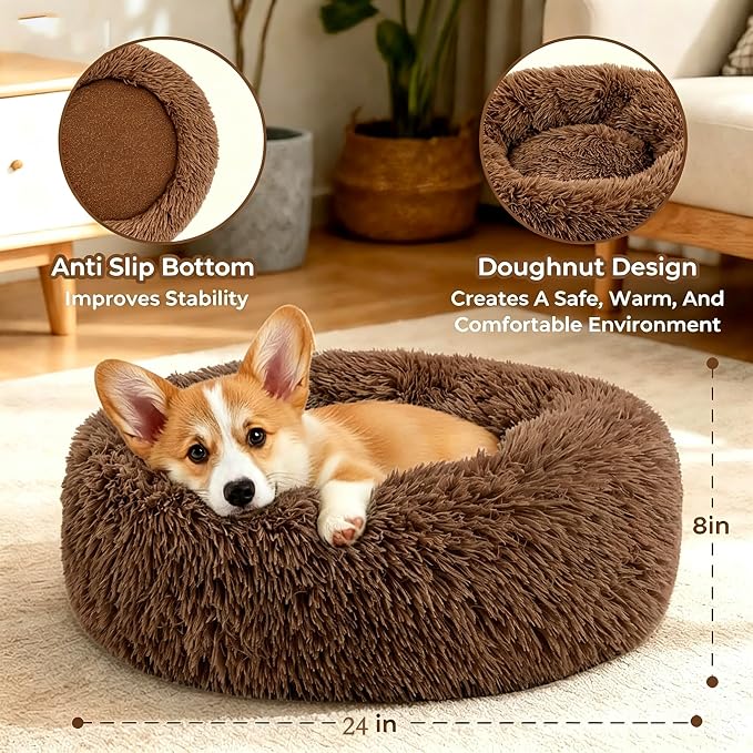 Calming Donuts Dog And Cat Bed, Anti-Anxiety Round Fluffy Soft Washable Small Medium Pet Bed For Puppy And Kitten, Cuddler Warming Comfortable Luxury Anti-Slip Waterproof Mute Base 24in Coffee