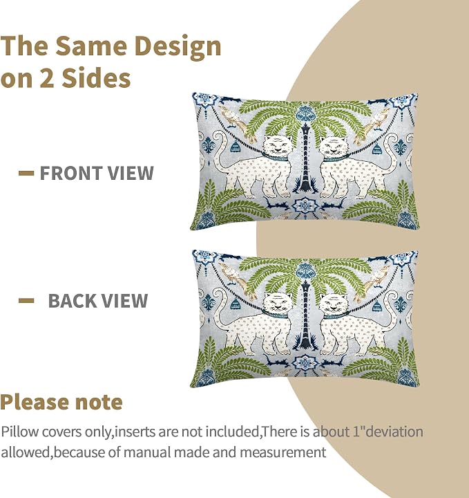 Chinoiserie Animal Print Leopard Tropical Tree Lumbar Pillow Covers 12X20 Inch Set of 2 Vintage Asian Tiger Birds Pillow Cases Green Cotton Linen Cushion Case Farmhouse Home Decor For Sofa Couch