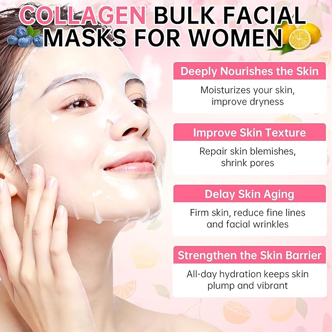 40Pcs Collagen Face Masks Skincare Set for Women, Spa Face Mask with Collagen Extract, Bulk Facial Mask for Teen Girls, Korean Face Mask Sheet Gift for Sensitive Skin, Daily Hydrating Skincare Routine