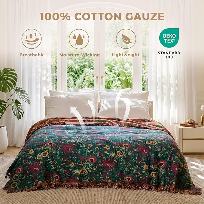LUTBM Boho Throw Blanket for Bed 60"x80", 100% Cotton Cozy Couch Blankets | Forest Green Reversible Floral, All-Season Twin Quilt, For Chair Sofa Living Room Decor, Lightweight & Breathable, Women Gift