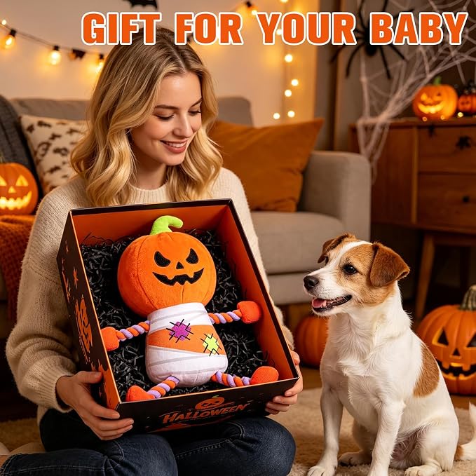 EXPAWLORER Halloween Dog Squeaky Toys - Interactive Funny Pumpkin Chew Toy