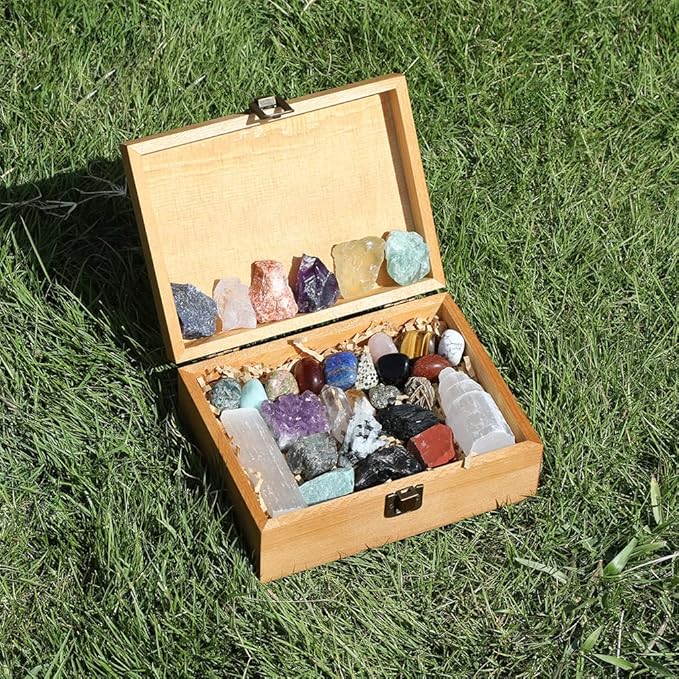 30 PCS Crystals and Stones Set, Natural Raw Healing Crystals and Tumbled Chakra Stones, Premium Protection Crystal Gift Kit Display in Wooden Box with Info Guide, Meditation, Yoga, Home Decor
