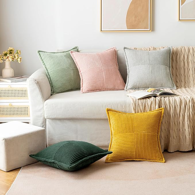 MIULEE Decorative Throw Pillow Covers for Couch 20x20 Inch Dark Green | 2 Pack, Boho Broadside Striped Patchwork Pillow Covers, Soft Corduroy Cushion Cases, For Sofa Bed Livingroom Home Decor