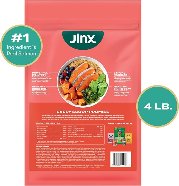 Jinx Dry Dog Food - Real Salmon, Brown Rice & Sweet Potato, 4lb | Premium Kibble for Digestive Support & Healthy Immunity - No Fillers, All Lifestages (Puppy, Adult & Senior), Breeds & Sizes