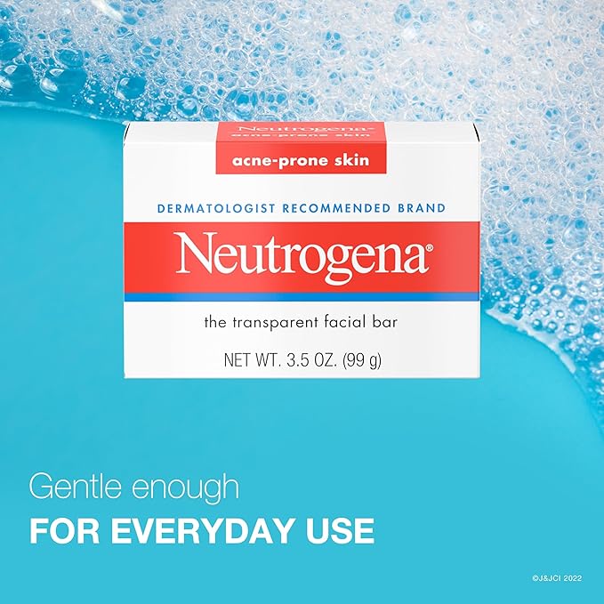 Neutrogena Facial Cleansing Bar for Acne-Prone Skin,Gentle Non-Medicated Daily Cleanser,Non-Comedogenic Transparent Soap with Glycerin,No Dyes or Detergents,3.5 oz,(Pack of 3)