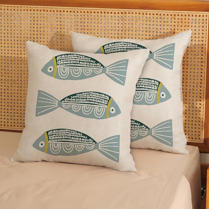 Coastal Pillow Covers 16x16 Inch Set of 2 Ocean Beach Blue Fish Throw Pillows Summer Natical Outdoor Decorative Pillow Cases Linen Farmhouse Cushion Cover for Couch Home Sofa Bedroom Decor