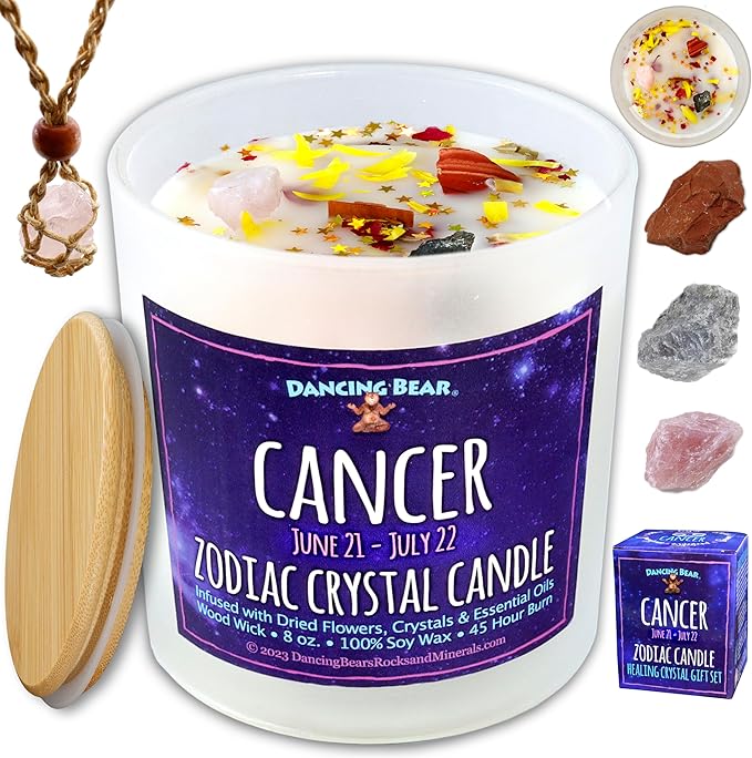 DANCING BEAR Cancer Zodiac Candle Gift Box Set with 3 Healing Crystals & Stone Holder Necklace, 100% Soy Scented Wax, Crackling Wood Wick, 45 Hour Burn Time