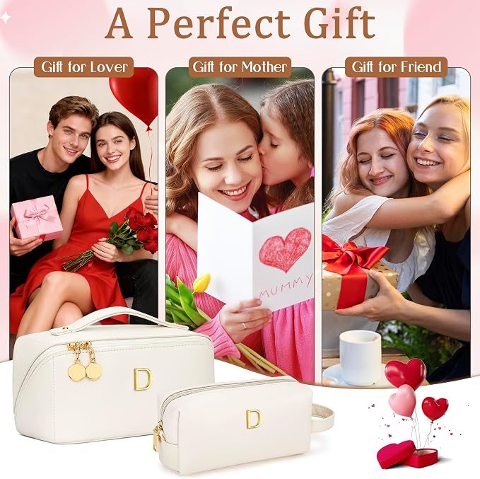 KKXIU Initial Makeup Bag for Women - Personalized Makeup Bag Gifts for Women, Travel Toiletry Bag with PU Leather, Open Flat Design with Top Handle, Cosmetic Bag Set with Multi-Pocket (Beige,D)