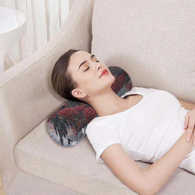 Fresh Rose Cat Castle Halloween Neck Roll Pillow Bolster Round Health Memory Foam Long Cervical Cylinder Pillows with Removable Washable Cover for Body Bed Legs Back Yoga