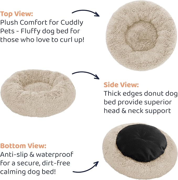 Donut Dog Bed - Premium Comfort for Anxiety Relief - Fluffy & Calming Design with Ultra-Plush Support | Cozy Round Dog Bed with Super Soft Circle Style (Ivory Beige, Small)