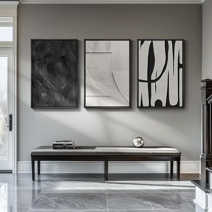 Large 3D Textured Framed Black and White Abstract Wall Art for Living Room, 3 Piece Modern Artwork for Walls, Minimalist Black White Texture Paintings for Hallway Office Wall Decor 24x36 In