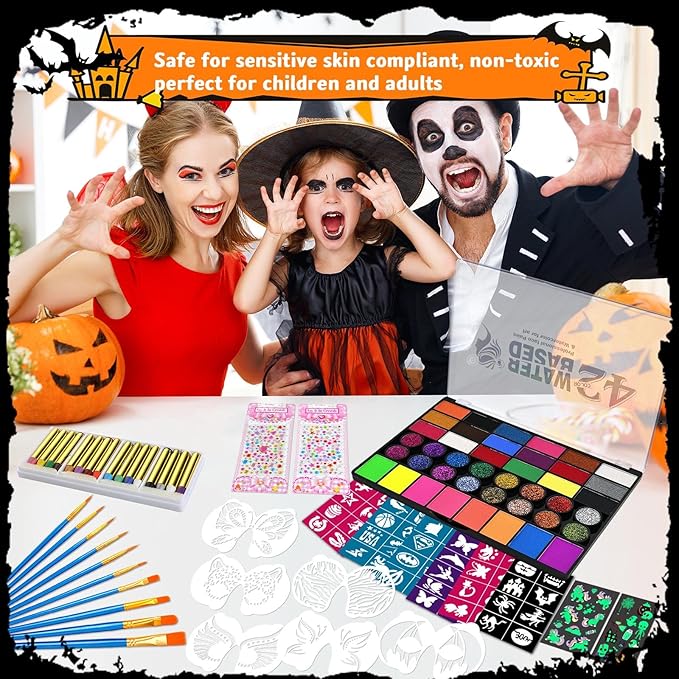 Face Painting kit for Kids Aldult, 42 Colors Non Toxic Face Paint with 16 Face Paint Crayons, 6 Reusable Face Painting Stencils, 60 Sticky Stencils for Kids, 4 Stickers, for Parties, Halloween