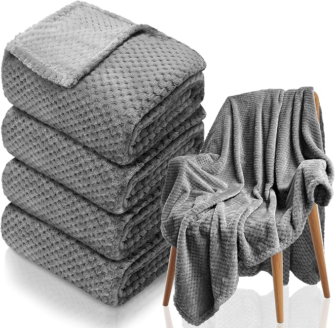 4 Pack Fleece Throw Blankets 50x60 Inches - Oeko-Tex Certified 100, 270 GSM Ultra Soft Plush for Bed, Couch and Cozy Gifts. 3D Waffle Texture, No Shedding No Pilling All Season (Dark Gray)