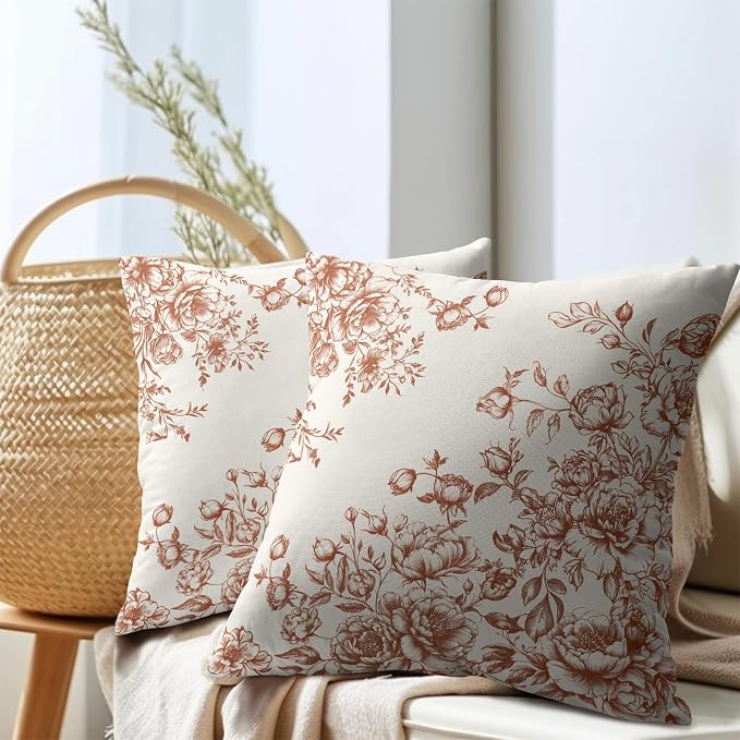 Kawani Brown Floral Throw Pillow Covers 16x16 Inch Set of 2 Vintage Rustic Flower Print Pillowcase Cotton Linen Couch Cushion Case for Bedroom Living Room Outdoor Car Home Decor