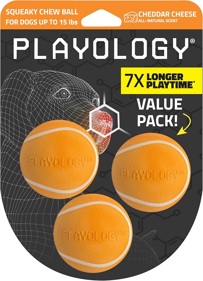 Playology Squeaky Chew Ball Dog Toy - Small, Cheddar Cheese Scent, 3-Pack
