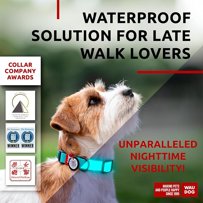 WAUDOG Waterproof Dog Collar Airtag Holder QR Tag Small Medium Large Dogs | Water and Dirt Resistant, Quick Dry QR Pet Tag Adjustable Durable Comfort for Male and Female Dogs Outdoor Walking Training