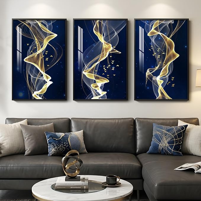 Large Framed Modern Blue and Gold Wall Art for Living Room, 3 Piece Abstract Artwork for Walls, Contemporary Luxury Line Picture Prints Paintings for Dining Room Office Hallway, 24x36 Inch