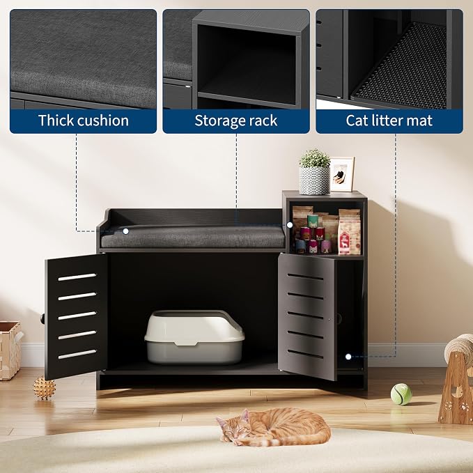 Cat Litter Box Enclosure Furniture, Large Hidden Litter Box Cabinet with Double Door, End Table Cat House with Storage Shelf, Modern Pet Furniture for Living Room, Black