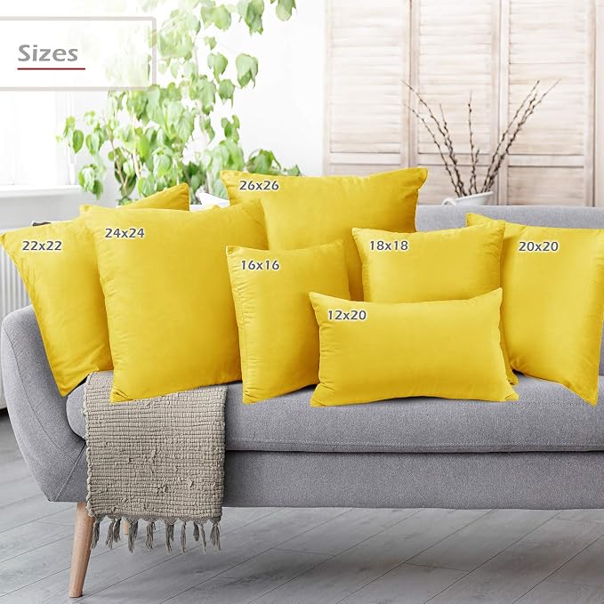 Throw Pillow Inserts Pack of 2 with Velvet Soft Solid Decorative Square Throw Pillow Covers Set for Sofa Couch Car Bedroom, 26X26 Throw Pillows Inserts with 24x24 Washable Cushion Covers, Yellow