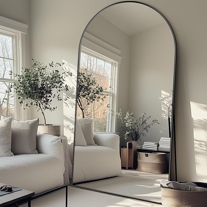 Antok 82" x44” Arched Full Length Floor Mirror, Black Aluminum Frame, Free Standing/Wall Mount/Leaning for Bedroom, Living Room, Dressing Room